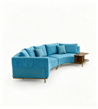 Modern Light Luxury Blue Fabric and Leather Curved Sofa with Side Cabinet