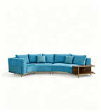 Modern Light Luxury Blue Fabric and Leather Curved Sofa with Side Cabinet