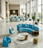 Modern Light Luxury Blue Fabric and Leather Curved Sofa with Side Cabinet