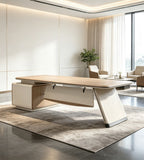現代米色木紋L形帶櫃桶辦公枱 Modern beige L-shaped office desk