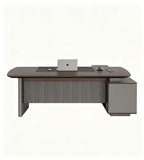 現代智能胡桃木配鐵灰L形帶USB燈帶側櫃老闆枱 Modern Smart Walnut and Iron Grey L-Shaped Boss Desk with Side Cabinet