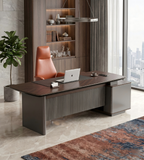 現代智能胡桃木配鐵灰L形帶USB燈帶側櫃老闆枱 Modern Smart Walnut and Iron Grey L-Shaped Boss Desk with Side Cabinet