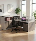 現代木紋L形帶屏風副櫃辦公枱 Modern L-Shaped Desk with Screen & Side Cabinet