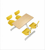 Minimalist school dining table set with light wood and yellow steel frame, seating four