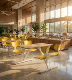 Minimalist school dining table set with light wood and yellow steel frame, seating four