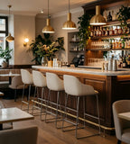Modern Minimalist Beige PU Leather High-Back Bar Stool with Arch Legs