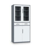Grey & White Steel File Cabinet with Glass Doors and Drawers