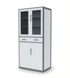 Grey & White Steel File Cabinet with Glass Doors and Drawers