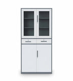 Grey & White Steel File Cabinet with Glass Doors and Drawers