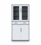 灰白拼色鋼製四掩門帶雙櫃桶玻璃文件櫃 Gray & White Steel File Cabinet with Glass Doors and Drawers