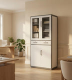 Grey & White Steel File Cabinet with Glass Doors and Drawers