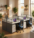 現代灰白色帶屏風密碼鎖活動櫃辦公枱 Grey-White Office Desk with Screen and Pedestal