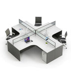 Modern L-Shaped Office Desk with Partition, Simple White Top and Dark Grey Pedestal with Password Lock
