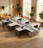 Modern L-Shaped Office Desk with Partition, Simple White Top and Dark Grey Pedestal with Password Lock