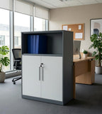 Modern Grey Steel Open Shelf Two-Door Filing Cabinet with Lock