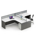 Modern L-Shaped Office Desk with Partition, Simple White Top and Dark Grey Pedestal with Password Lock