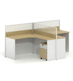 Modern Minimalist L-Shaped Office Desk with Partition in Light Wood and White