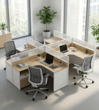 Modern Minimalist L-Shaped Office Desk with Partition in Light Wood and White