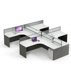 Modern L-Shaped Office Desk with Partition, Simple White Top and Dark Grey Pedestal with Password Lock