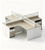Grey multi-configuration office desk with privacy screens