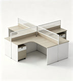 Grey multi-configuration office desk with privacy screens