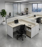 Grey multi-configuration office desk with privacy screens