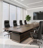 Business dark brown conference table with wire box