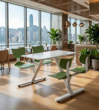 Minimalist School Dining Table Set: White Sintered Stone Top with Green Steel Frame, Four-Seater Connected Tables