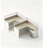 Grey multi-configuration office desk with privacy screens