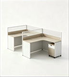 Grey multi-configuration office desk with privacy screens