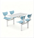 School Dining Table Set: White Sintered Stone Top with Light Blue Steel Frame for Four People (Connected)