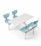 School Dining Table Set: White Sintered Stone Top with Light Blue Steel Frame for Four People (Connected)