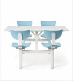 School Dining Table Set: White Sintered Stone Top with Light Blue Steel Frame for Four People (Connected)