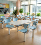 School Dining Table Set: White Sintered Stone Top with Light Blue Steel Frame for Four People (Connected)