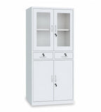 White Steel Glass Door Cabinet with Double Drawers and Lock