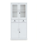 White Steel Glass Door Cabinet with Double Drawers and Lock