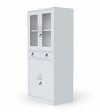 White Steel Glass Door Cabinet with Double Drawers and Lock