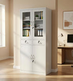 White Steel Glass Door Cabinet with Double Drawers and Lock