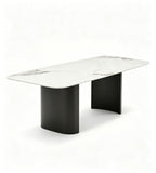 Modern White Sintered Stone Rectangular Dining Table with Black Titanium Stainless Steel Legs