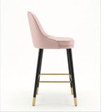 Light Luxury Pink Fabric Bar Stool with Solid Wood Legs and High Back