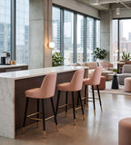 Light Luxury Pink Fabric Bar Stool with Solid Wood Legs and High Back