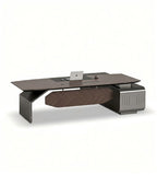現代胡桃木配鐵灰L形帶側櫃老闆枱 Modern Walnut and Iron Grey L-Shaped Boss Desk
