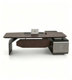 現代胡桃木配鐵灰L形帶側櫃老闆枱 Modern Walnut and Iron Grey L-Shaped Boss Desk
