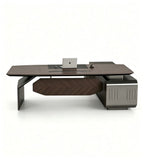 Modern Walnut and Iron Grey L-Shaped Boss Desk with Side Cabinet