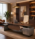 Modern Walnut and Iron Grey L-Shaped Boss Desk with Side Cabinet