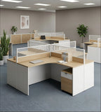 Modern Minimalist L-Shaped Office Desk with Partition in Light Wood and White