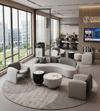 現代舒適灰色西皮拼布藝弧形帶抱枕梳化 Modern Comfortable Grey Faux Leather and Fabric Curved Sofa with Cushions