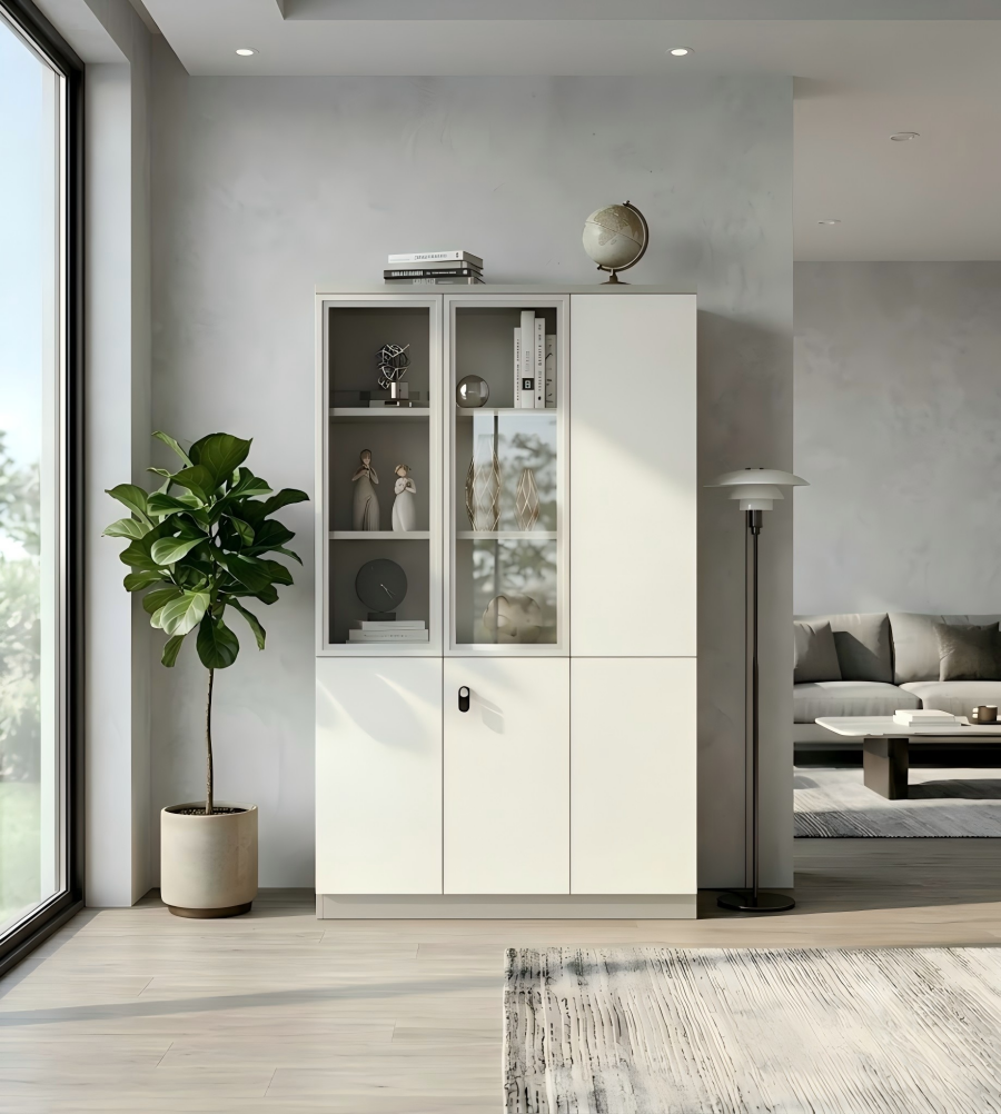 Modern Beige Glass Storage Cabinet with Hinged Doors and Lock