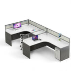 Modern L-Shaped Office Desk with Partition, Simple White Top and Dark Grey Pedestal with Password Lock