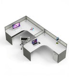 Modern L-Shaped Office Desk with Partition, Simple White Top and Dark Grey Pedestal with Password Lock